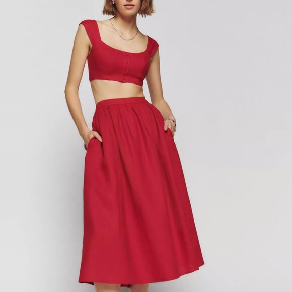 NEW Reformation Teya Linen Two Piece Sz6 Cherry Red Mini Dress Causal Set - Picture 10 of 13
